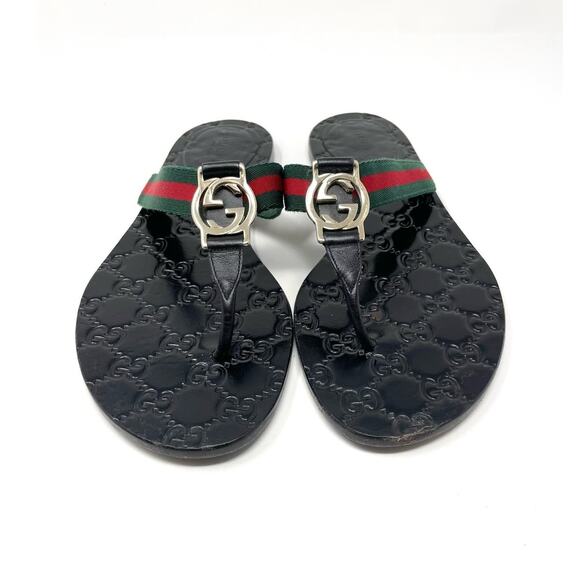 Gucci GG Web Stripe Thong Sandals Flip Flop Flat Slide Slip On Black EU 38 - Picture 2 of 12